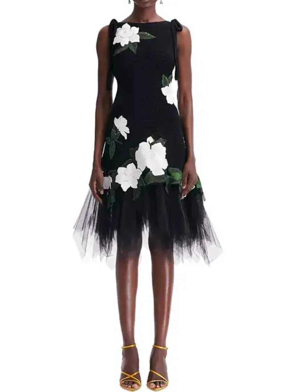 💯Authentic Oscar de la Renta Floral Tulle Hem Black Cotton Dress